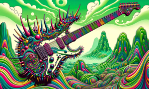 Hình ảnh cây đàn guitar điện tử gai nhọn trên nền màu xanh lá cây do AI tạo ra