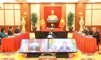Tổng Bí thư điện đàm với Chủ tịch Đảng Nhân dân Campuchia