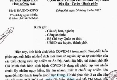 Đồng Nai: Cách ly người về, đến từ TP.HCM 21 ngày từ 0h ngày 5/6