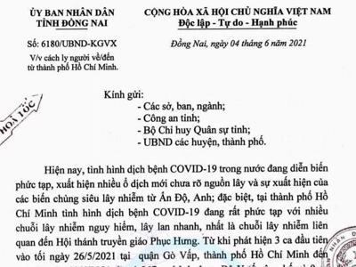 Đồng Nai: Cách ly người về, đến từ TP.HCM 21 ngày từ 0h ngày 5/6