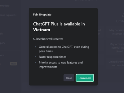 OpenAI hỗ trợ dịch vụ ChatGPT Plus tại Việt Nam với phí 20 USD/tháng