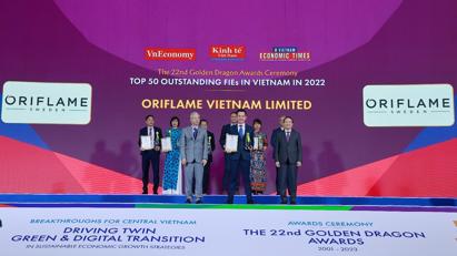 Oriflame đánh dấu kỉ niệm 20 năm thành lập bằng danh hiệu "Thương hiệu Xanh bền vững" tại chương trình Rồng Vàng 2023