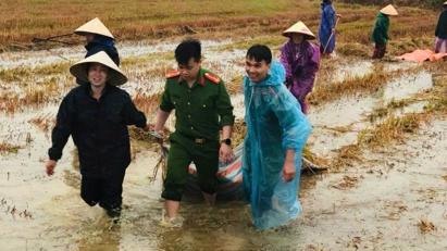 Công an, bộ đội giúp dân thu hoạch lúa sau mưa lũ ở Hà Tĩnh