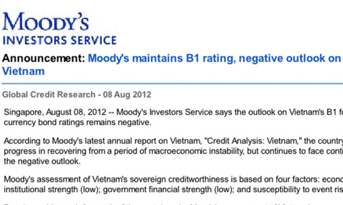 Moody’s giữ triển vọng tín nhiệm nợ của Việt Nam ở mức ‘tiêu cực’