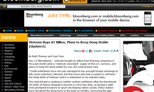 Bloomberg.com gỡ bỏ thông tin dự báo phá giá VND