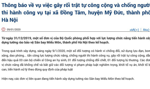 Bộ Công an thông báo 3 công an hi sinh trong vụ Đồng Tâm