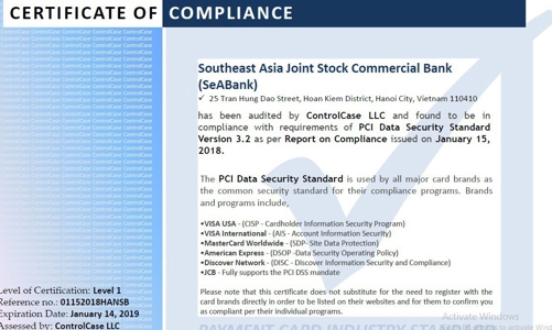 SeABank nhận chứng chỉ về an toàn bảo mật hệ thống thẻ thanh toán