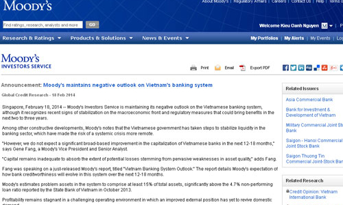 Moody’s: Nợ xấu ngân hàng Việt Nam ít nhất phải 15%
