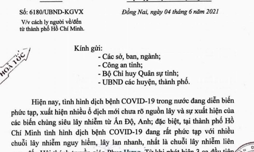 Đồng Nai: Cách ly người về, đến từ TP.HCM 21 ngày từ 0h ngày 5/6