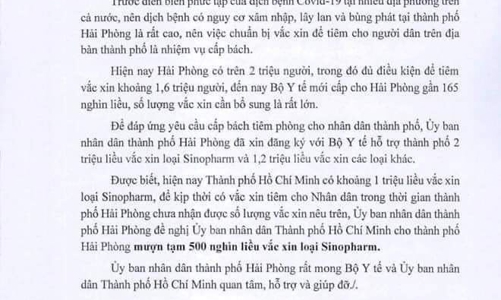 Hải Phòng đề nghị mượn TP.HCM 500.000 liều vaccine của Sinopharm