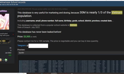 Rao bán dữ liệu 30 triệu học sinh, giáo viên Việt Nam với giá 3.500 USD