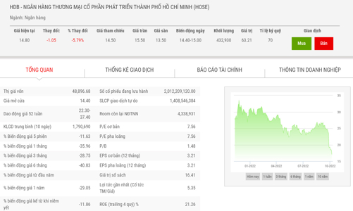 Giá tiếp tục giảm, hai lãnh đạo đăng ký mua vào 1 triệu cổ phiếu HDB