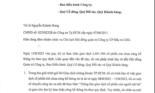Vụ bán chui cổ phiếu: Chủ tịch LDG Nguyễn Khánh Hưng đổ lỗi do thư ký