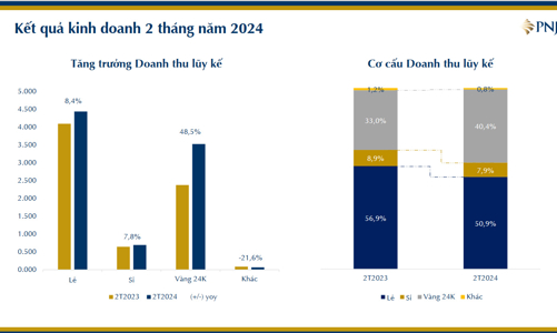 2 tháng đầu năm 2024, doanh thu vàng 24K của PNJ tăng 48,5% so với cùng kỳ