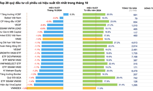 Hàng chục quỹ cổ phiếu hiệu suất âm trong tháng 10, giảm mạnh hơn cả VN-Index