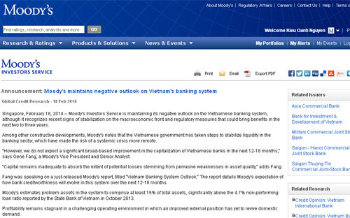 Moody’s: Nợ xấu ngân hàng Việt Nam ít nhất phải 15%