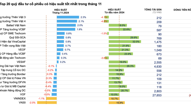 Hầu hết các quỹ cổ phiếu thua lỗ trong tháng 11, nhóm quy mô lớn tăng tỷ trọng tiền mặt