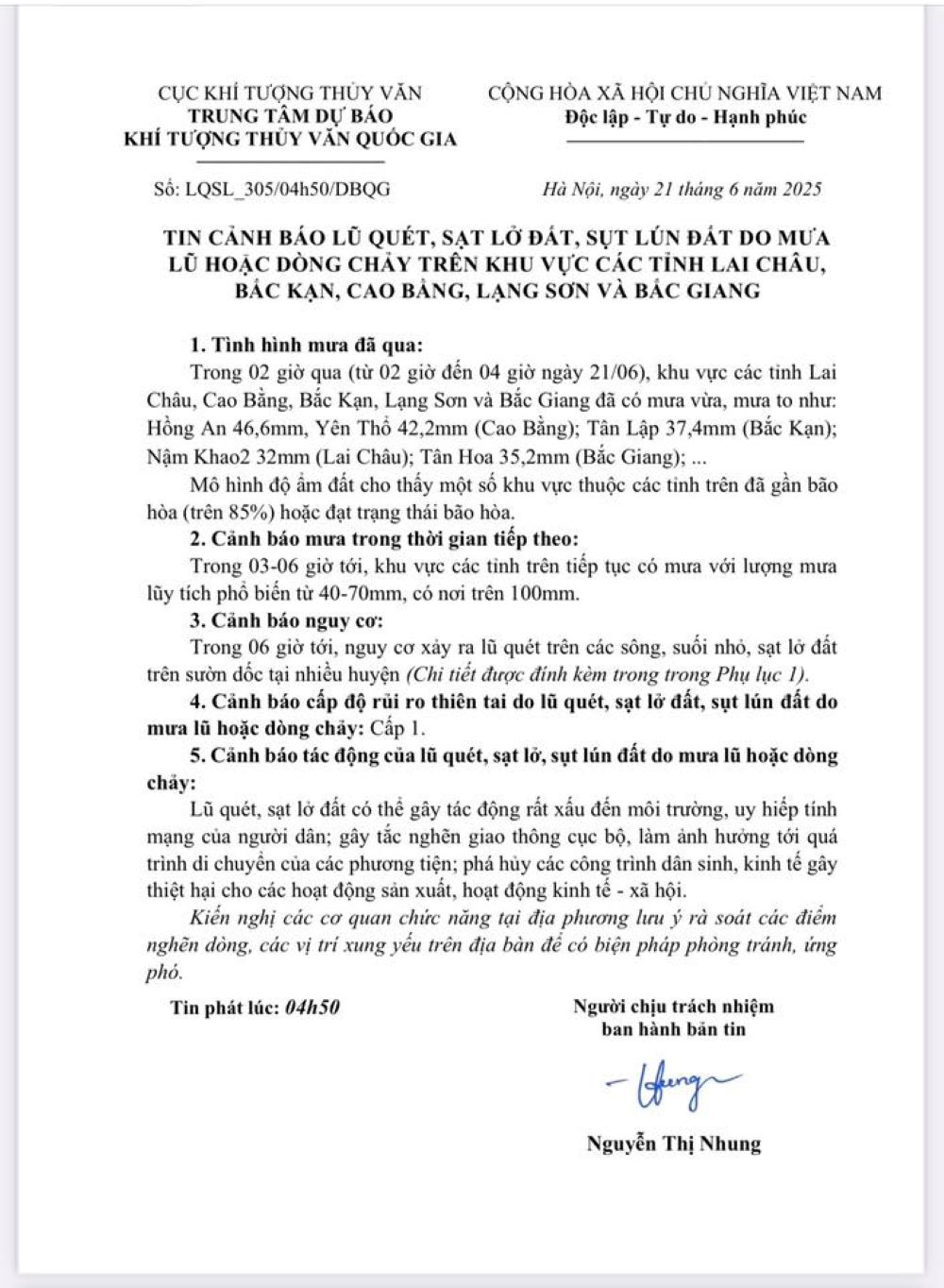 C&ocirc;ng văn của Trung t&acirc;m Dự b&aacute;o Kh&iacute; tượng thuỷ văn quốc gia.
