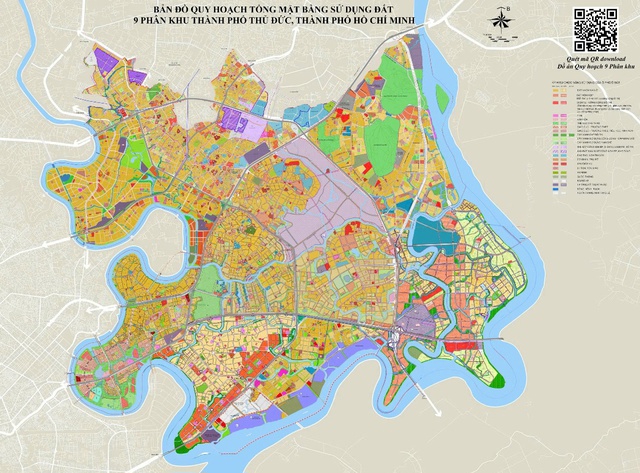 Bản đồ quy hoạch tổng mặt bằng sử dụng đất 9 ph&acirc;n khu th&agrave;nh phố Thủ Đức. Ảnh: Ủy ban nh&acirc;n d&acirc;n th&agrave;nh phố Thủ Đức
