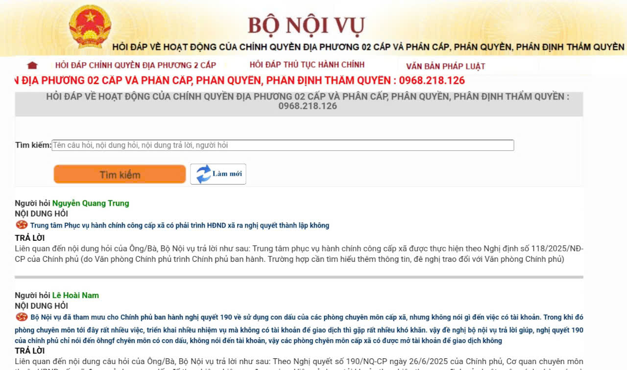 Bộ Nội vụ ra mắt chuyên mục và số điện thoại hỏi đáp về hoạt động của chính quyền địa phương 2 cấp và phân cấp, phân quyền, phân định thẩm quyền. Ảnh chụp màn hình.