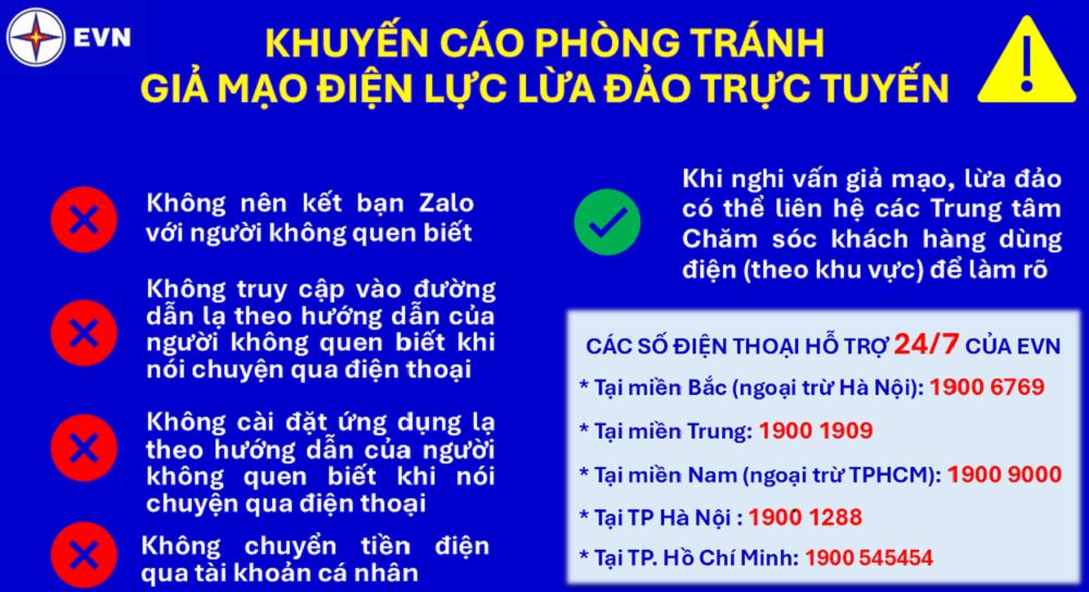 EVN khuyến c&aacute;o ph&ograve;ng tr&aacute;nh lừa đảo trực tuyến.