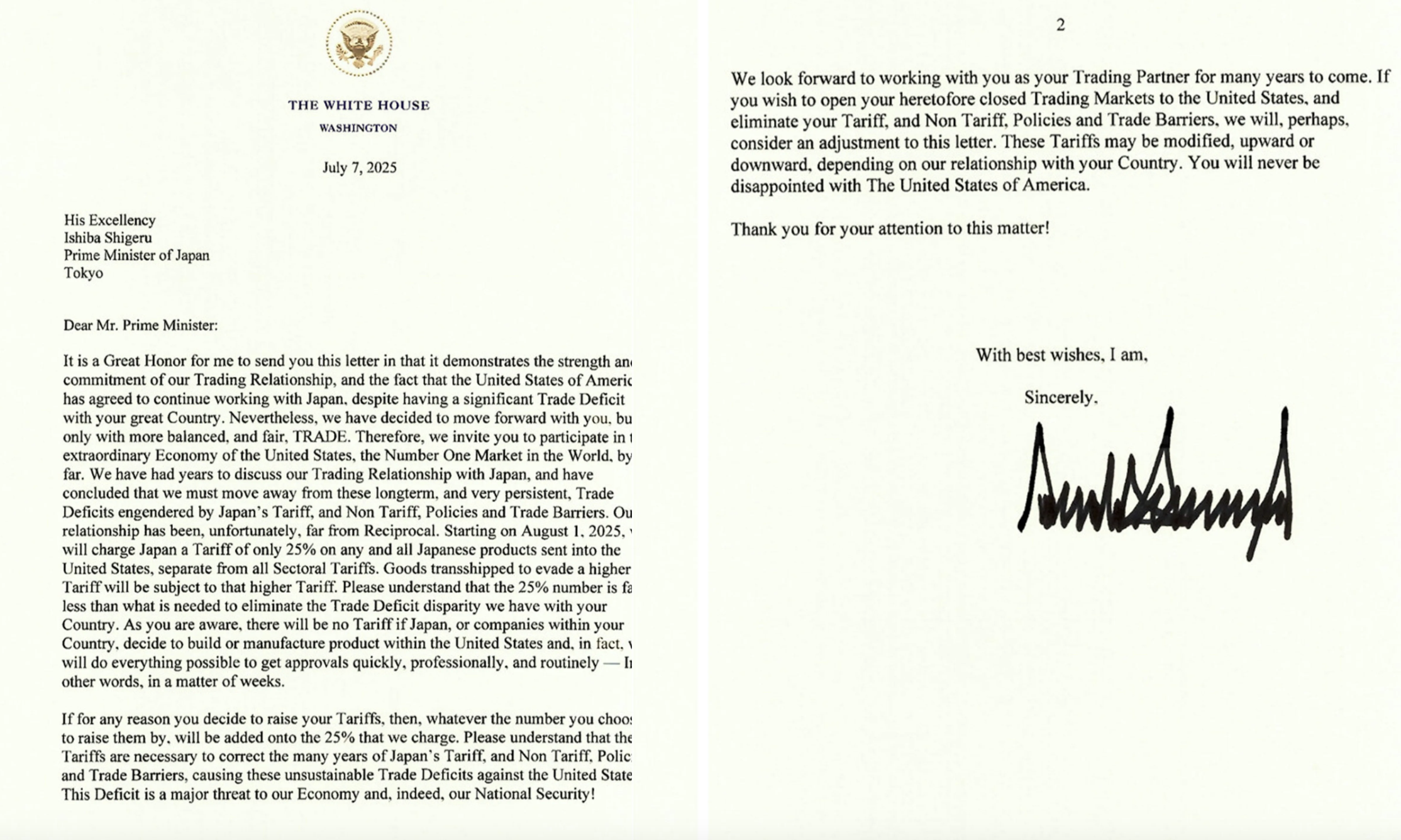 Thư thuế quan được Tổng thống Mỹ Donald Trump gửi l&atilde;nh đạo Nhật Bản ng&agrave;y 7/7 - Nguồn: Donald Trump/Truth Social.