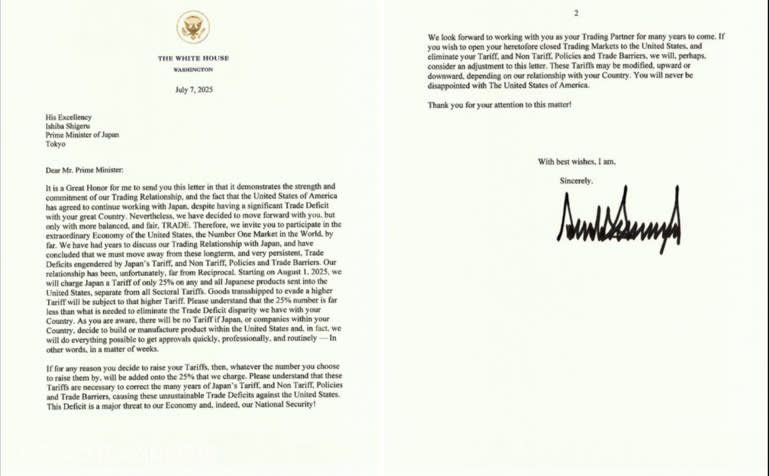 Bức thư c&oacute; chữ k&yacute; của &ocirc;ng Trump gửi Thủ tướng Nhật Bản ng&agrave;y 7/7 - Ảnh: Truth Social