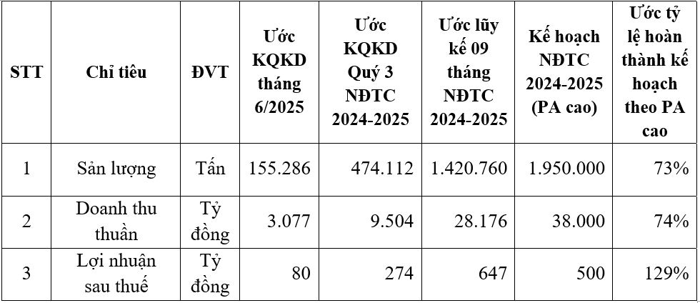 Bảng tổng hợp ước kết quả kinh doanh hợp nhất của HSG 9 tháng niên độ tài chính 2024 - 2025.