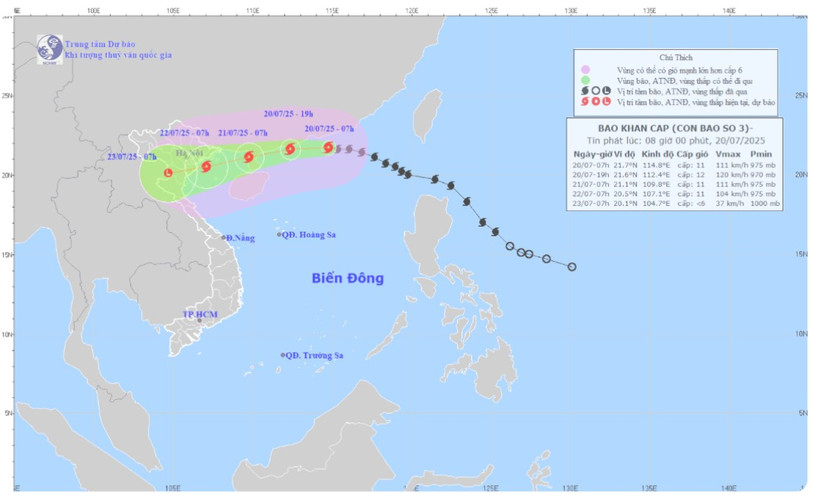 Bản đồ dự b&aacute;o quỹ đạo v&agrave; cường độ b&atilde;o số 3 ph&aacute;t l&uacute;c 8 giờ ng&agrave;y 20/7