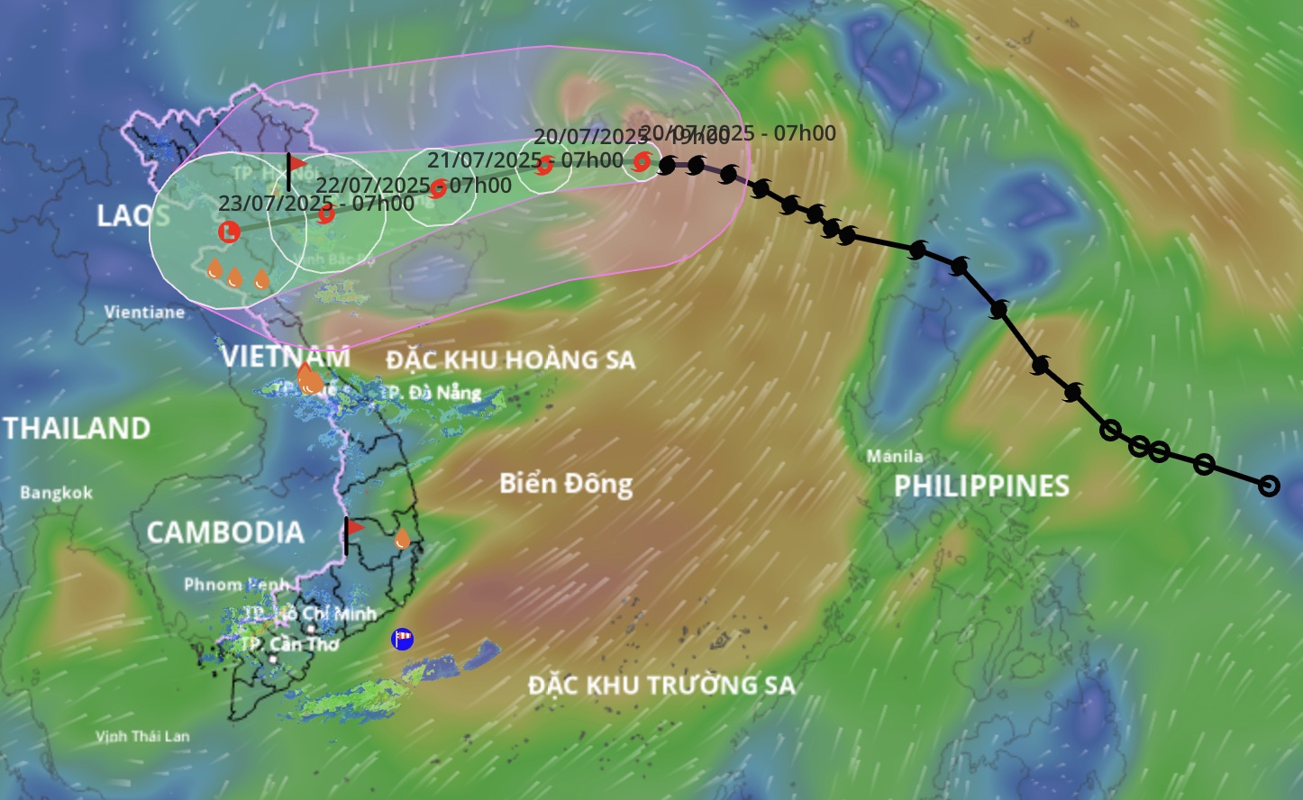 Dự báo đường đi và ảnh hưởng của cơn bão số 3 (bão WIPHA) lúc 10h ngày 20/7. Ảnh: Hệ thống giám sát thiên tai.