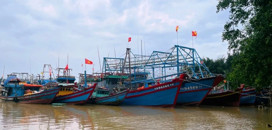 Tàu thuyền neo đậu tại cảng cá Lạch Hới, phường Sầm Sơn.