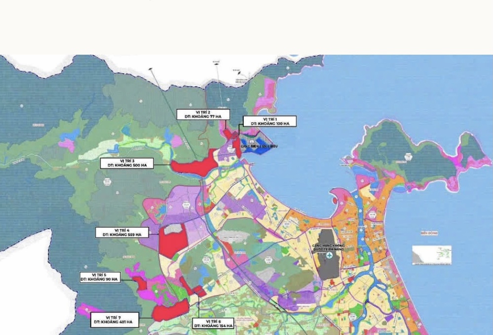 7 vị trí (màu đỏ) sẽ được điều chỉnh quy hoạch cục bộ để xây dựng Khu thương mại tự do.
