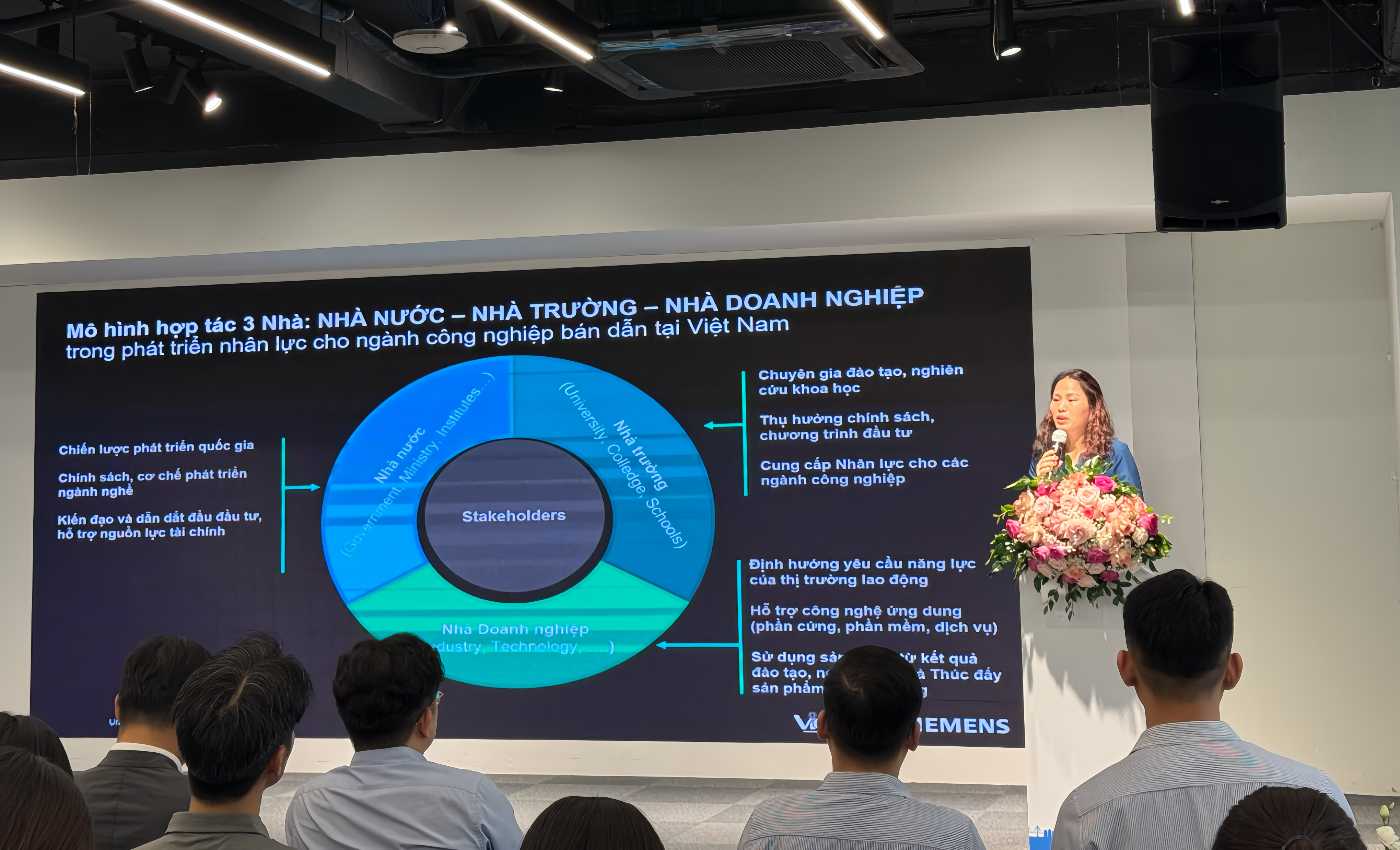 Bà Đàm Thị Hồng Lan, Giám đốc Công ty Công nghệ Vietbay - Nhà phân phối ủy quyền của Siemens EDA tại Việt Nam, phân tích về tầm quan trọng của mô hình hợp tác "3 nhà".
