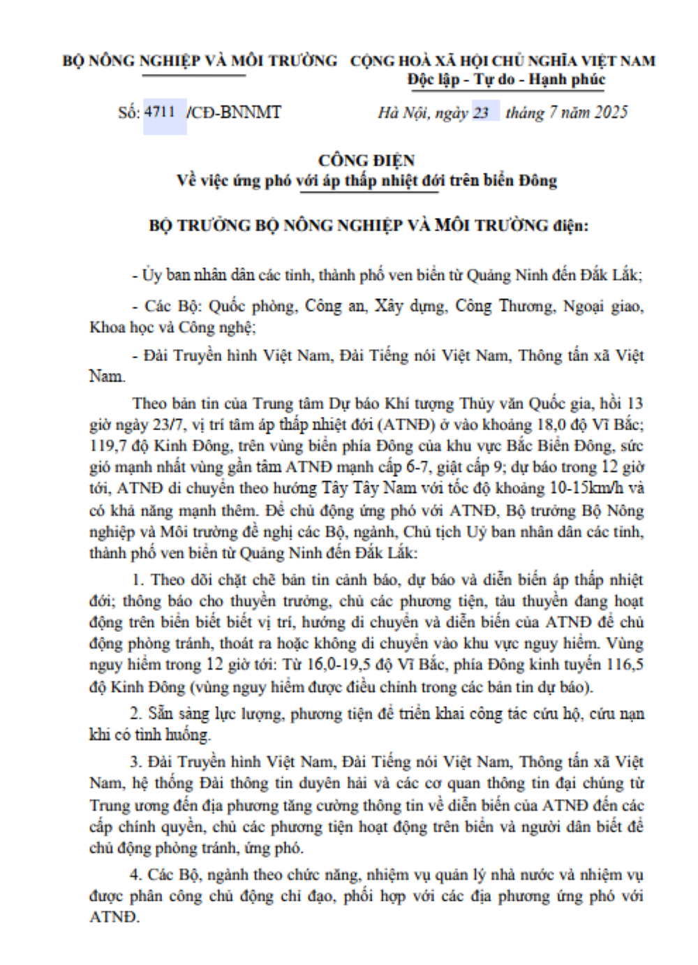 Công điện của Bộ Nông nghiệp và Môi trường.