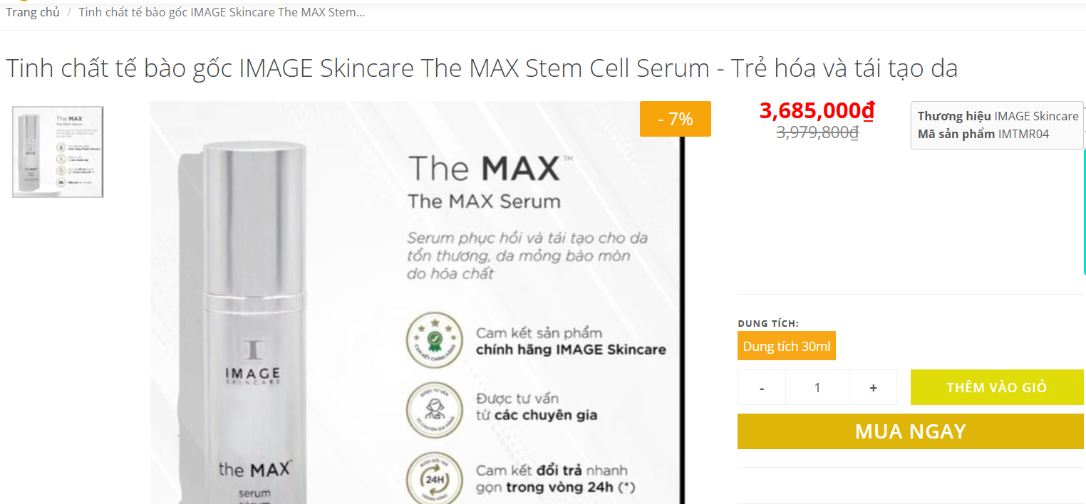 Sản phẩm Image Skincare The Max Serum. Ảnh chụp màn hình.