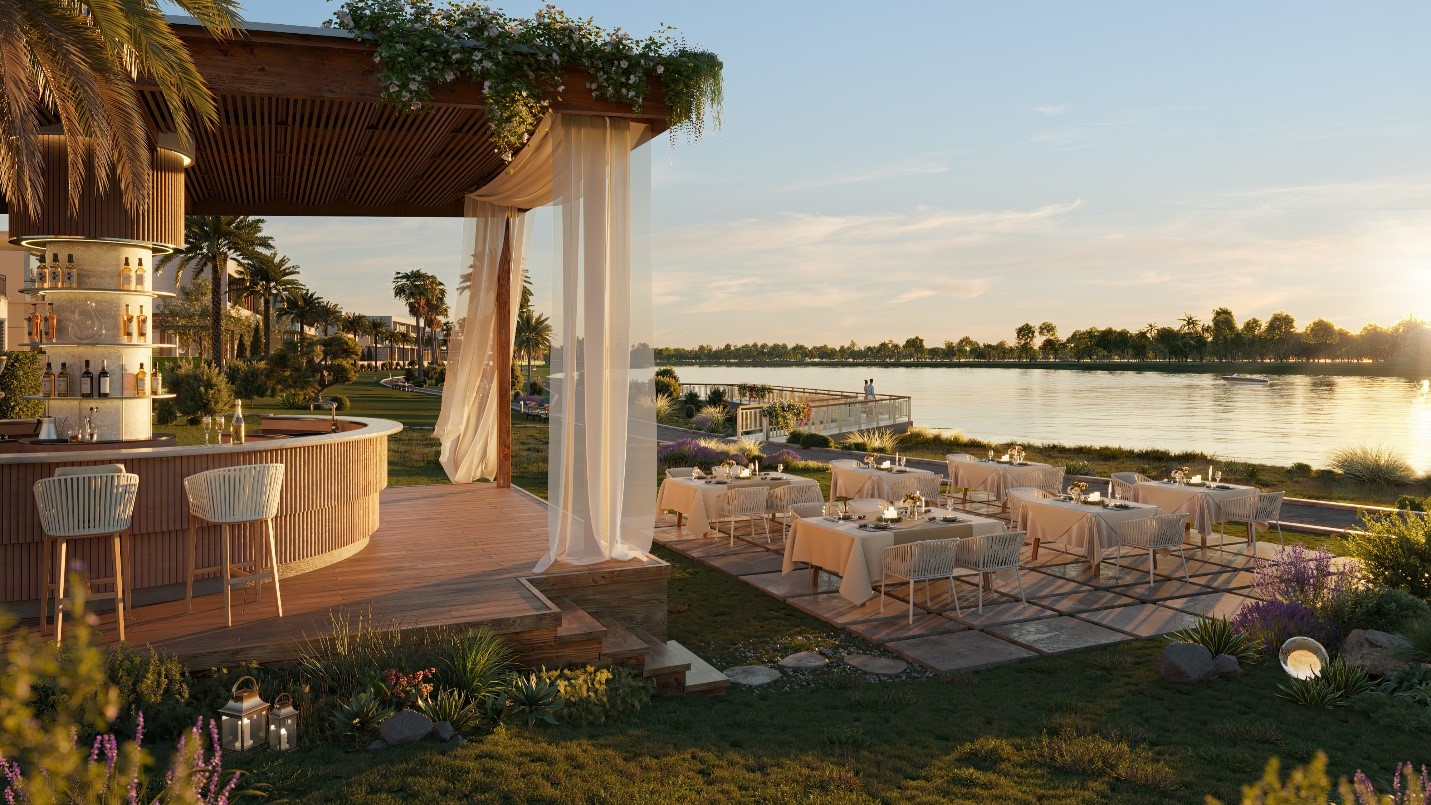 Tổ hợp tiện ích với tầm nhìn sông nước tại Sunset Clubhouse.