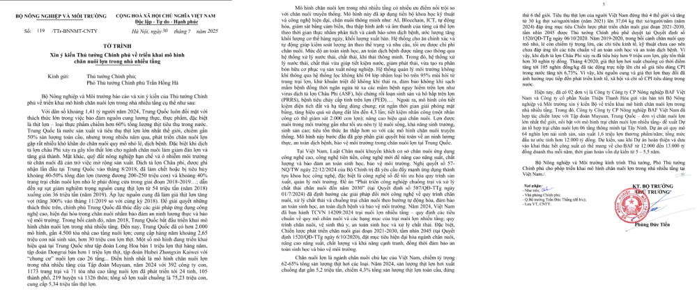 Tờ tr&igrave;nh của Bộ N&ocirc;ng nghiệp v&agrave; M&ocirc; trường gửi Thủ tướng Ch&iacute;nh phủ