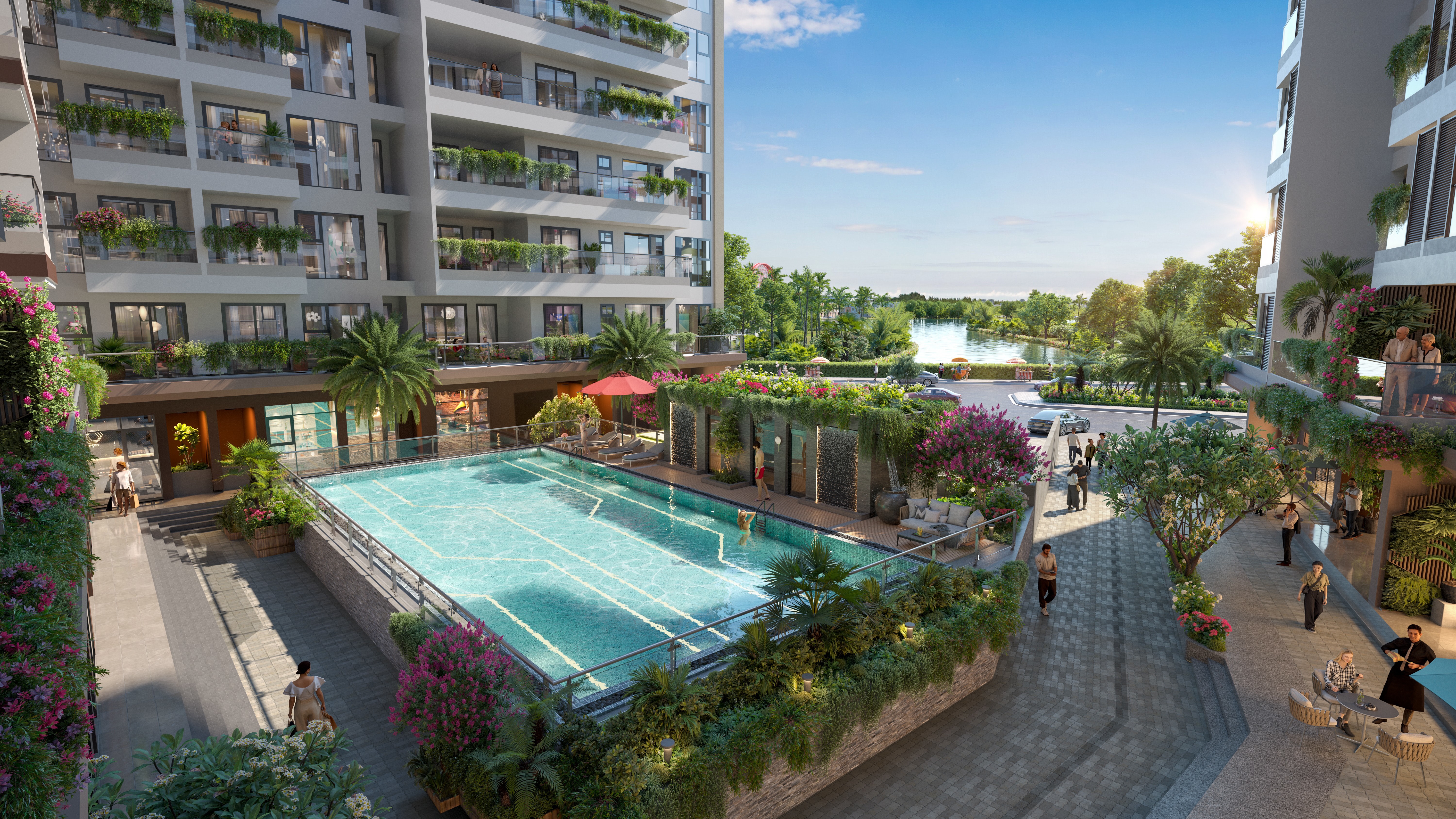 Eco Riverside c&oacute; hệ thống tiện &iacute;ch nội khu gồm bể bơi, c&ocirc;ng vi&ecirc;n v&agrave; s&acirc;n chơi thể thao.