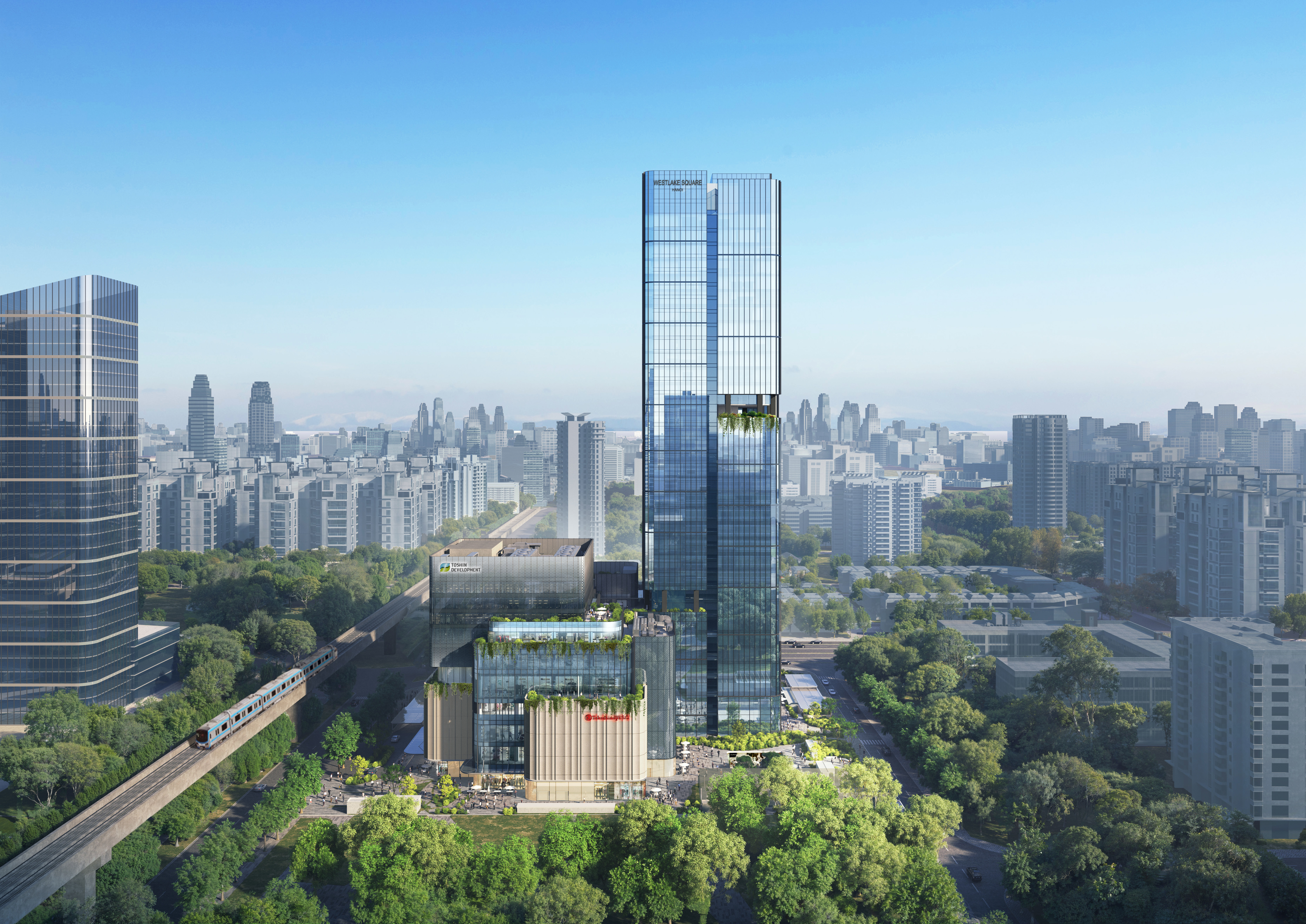 Phối cảnh tổng thể Westlake Square Hanoi - tổ hợp thương mại và văn phòng hiện đại tại trung tâm Starlake. Nguồn: Toshin Development.