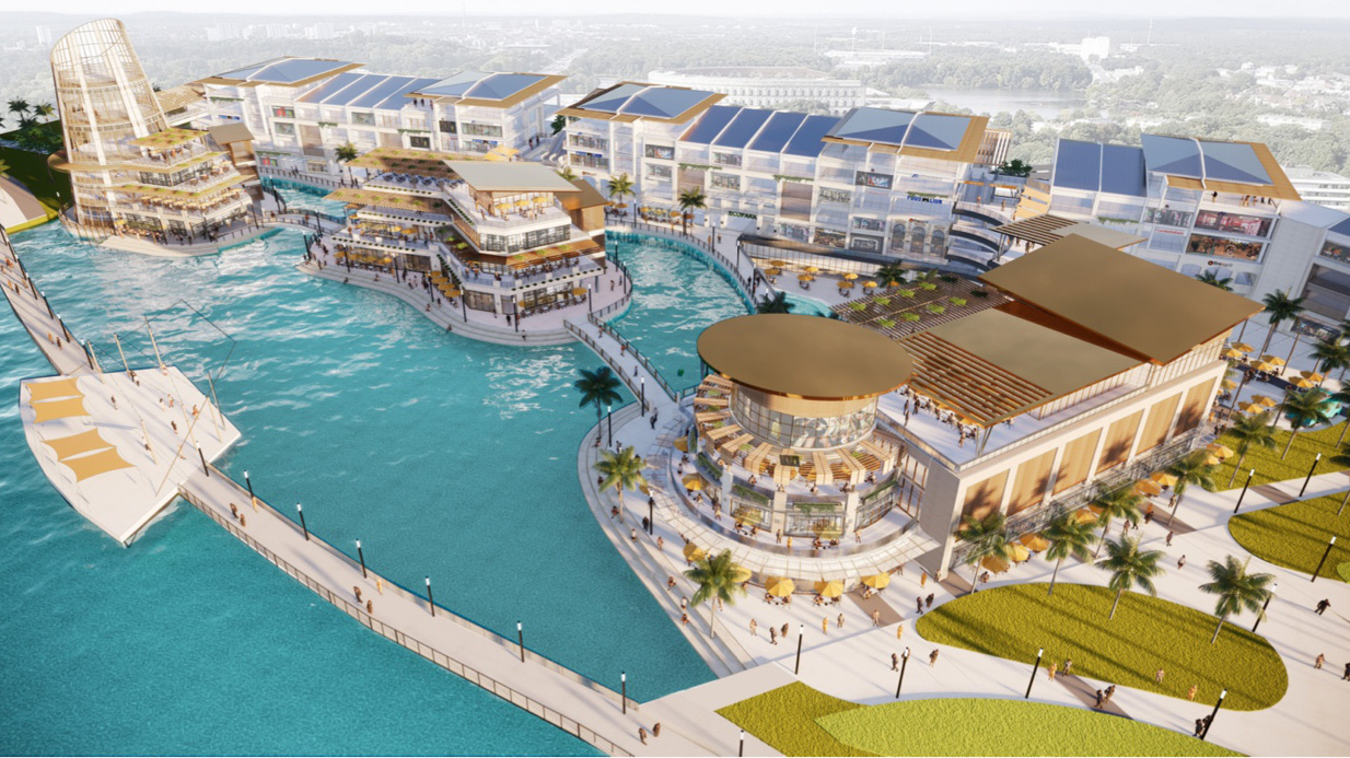 Trung tâm thương mại vịnh đảo Ecopark gồm 3 khối tháp thương mại liên hoàn xây trên mặt nước, kết hợp trung tâm thương mại trên đất liền, kết nối với nhau bởi những cây cầu.