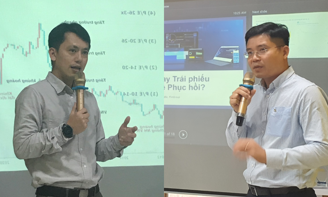 Ông Lê Chí Phúc (trái) và ông Nguyễn Quang Thuân (phải) phát biểu tại hội thảo.