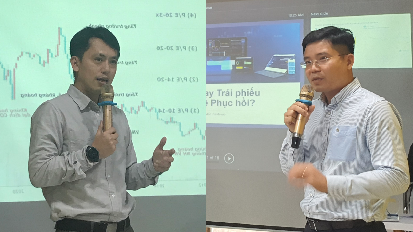 Ông Lê Chí Phúc (trái) và ông Nguyễn Quang Thuân (phải) phát biểu tại hội thảo.