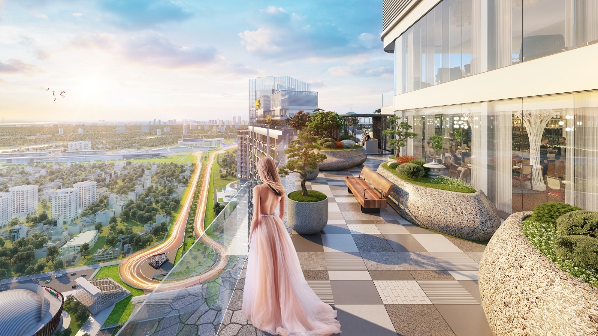 Vườn Nhật bình yên trên sân thượng tầng 43.