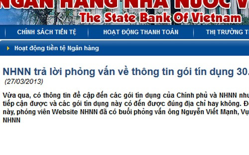 Ngân hàng Nhà nước đăng tải chính thức trên website của mình để bác bỏ phát ngôn của một thứ trưởng của Bộ Kế hoạch và Đầu tư.