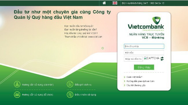 Giao diện trang web giả mạo dịch vụ ngân hàng điện tử của Vietcombank.