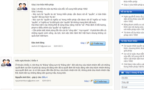 <a href="http://vneconomy.vn/2013010108153495P0C9920/cong-bo-du-thao-sua-doi-hien-phap.htm">Trong ngày đầu tiên dự thảo được công bố</a>, đã có khá nhiều ý kiến người dân góp ý cho việc sửa đổi Hiến pháp 1992.