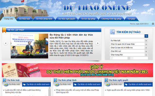 Giao diện website dự thảo online của Quốc hội - một trong những kênh thu nhận ý kiến nhân dân về dự thảo sửa đổi Hiến pháp năm 1992.<br>