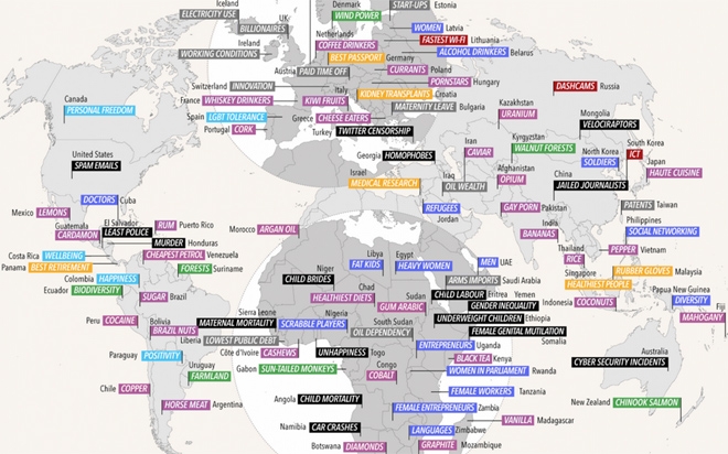 Bản đồ mang tên “International Number Ones” (tạm dịch: “Những cái nhất của thế giới”).<br>