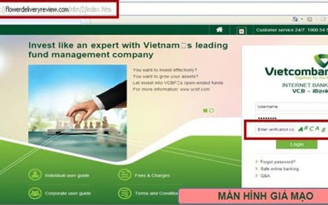 Một dạng giao diện giả mạo dịch vụ ngân hàng trực tuyến của Vietcombank, nhưng khác tên miền và dãy số xác thực không đổi khi nhập sai thông tin hoặc làm mới để chọn dãy số khác.<br>