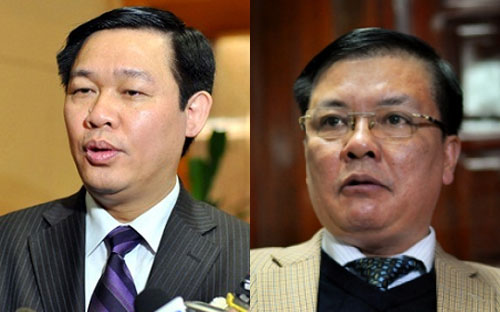 Bộ trưởng Tài chính Vương Đình Huệ (trái) và Tổng kiểm toán Nhà nước Đinh Tiến Dũng.